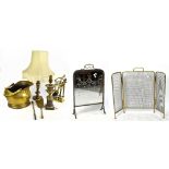 An Empire style brass lamp, 35cm, with another lamp, a brass coal bucket, two fire screens, a