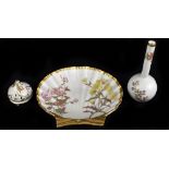 ROYAL WORCESTER; a blush ivory shell shaped bowl, with floral decoration, numbered 1424 to the