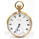 J.W. BENSON; a 9ct yellow gold crown wind open faced pocket watch with white enamel dial set with