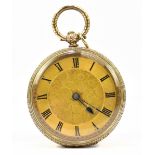 A 9ct yellow gold key wind fob watch, circular dial set with Roman numerals and filigree detail,