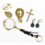 A small group of costume jewellery including a pair of yellow metal lorgnettes, a silver gilt locket