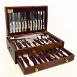 VINERS; a King's pattern silver plated canteen of cutlery, in walnut case. Additional