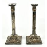 A pair of 19th century silver plated cluster column candlesticks of neo classical design, the