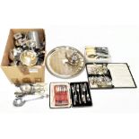 A collection of silver plate including a tea service, a circular salver, assorted flatware, etc.