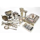 A collection of assorted silver plate including a pair of posy vases, an entrée dish and cover.