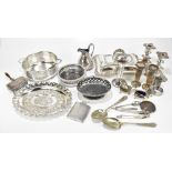 A collection of assorted silver plate including an entrée dish and cover, a pair of candlesticks, an