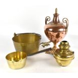 A 19th century copper samovar with brass tap, with a brass jam pan, sauce pan, and oil lamp