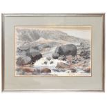 JAMES LONGUEVILLE PS ARBSA; pastel, study of a river flowing over rocks, signed, with Malpas Gallery
