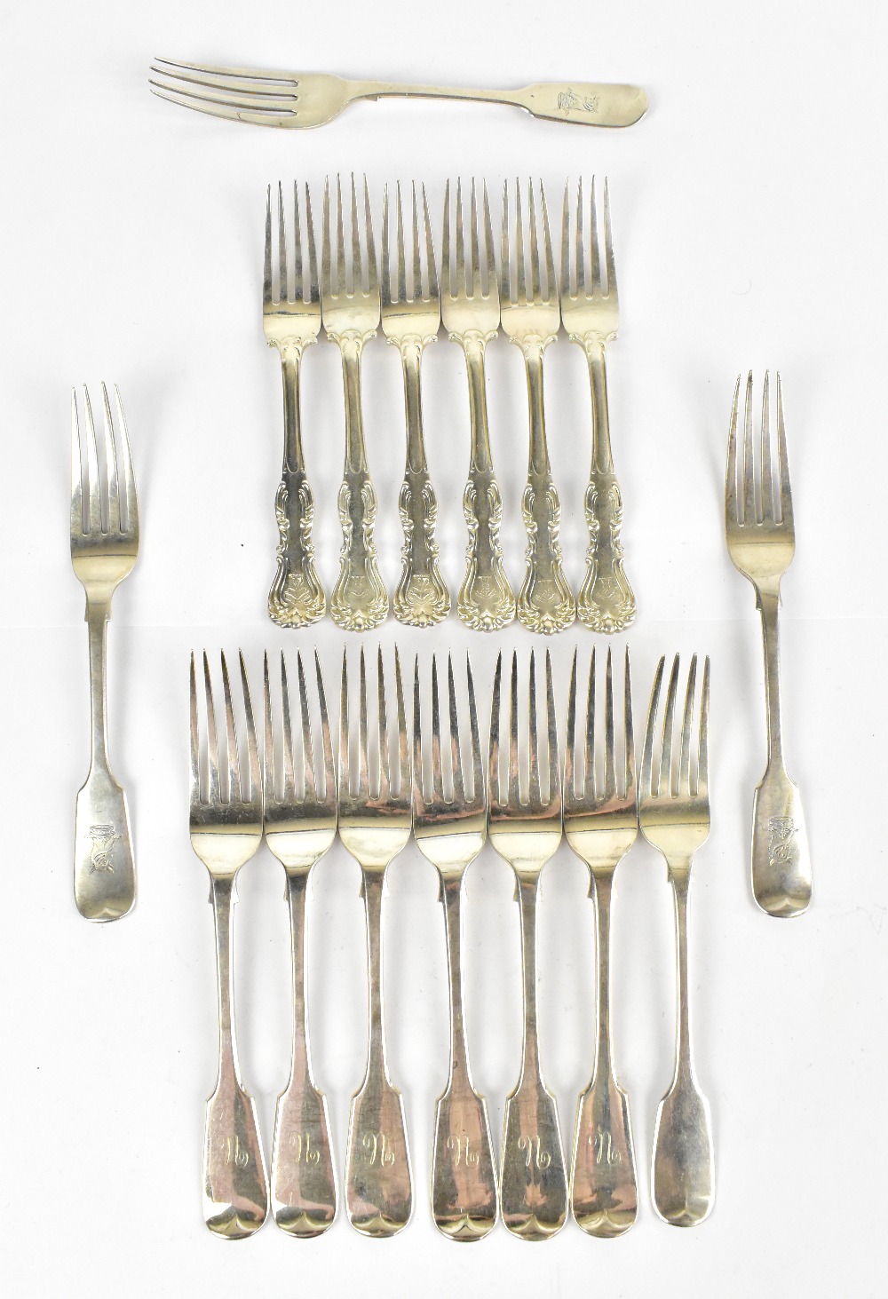 HUNT & ROSKELL LTD; a set of six Edward VII hallmarked silver forks, 17cm, London 1908, three