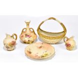ROYAL WORCESTER; five pieces of blush ivory including a twin handled bulbous shaped vase, height