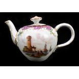 MEISSEN; a hand painted teapot decorated with figures in landscape, underglaze blue painted