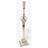 A late 19th century silver plated Corinthian column candlestick with detachable top section raised