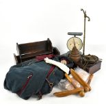 A Victorian mahogany and cast brass scale, with a set of Waymaster scales, two oak book troughs, a