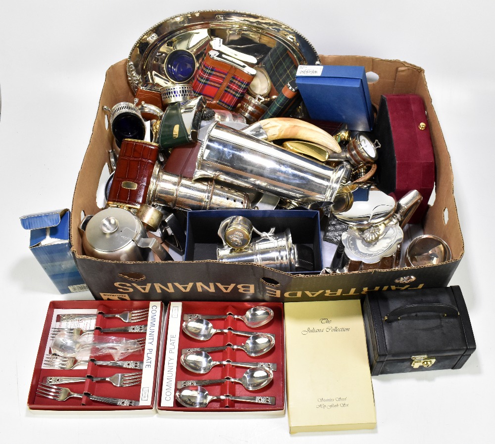 A small collection of assorted silver plate and metalware including a mug, a teapot, an Old Hall