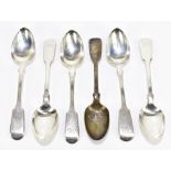 ELIZABETH EATON; a set of six hallmarked silver Fiddle pattern teaspoons, with engraved initials