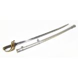 A Victorian officer's sword, with curved blade, wire bound shagreen grip, pierced guard, and