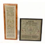 Two 19th century samplers including an example with religious verses and decorated with exotic