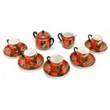 NORITAKE; an Art Deco part coffee service, decorated with red panels alternating with black and gold