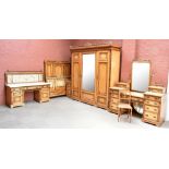 SNOWDON & CO; an exhibition sycamore and walnut inlaid bedroom suite, comprising three door mirrored