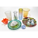 AMANDA SIMMONS; six marbled glass ovoid vessels, also an orange handkerchief vase, two plates and