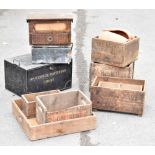 A collection of seven vintage pine boxes, with a vintage metal tin named for Mr George Davidson's