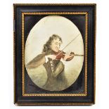 EARLY 20TH CENTURY ENGLISH SCHOOL; watercolour, oval portrait miniature of a violinist, unsigned,