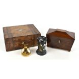 A tea caddy of sarcophagus form, a walnut workbox, an Ashford vase and an unusual desk bell on a