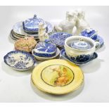 A collection of 19th century and later ceramics including a pair of Staffordshire style dogs, blue