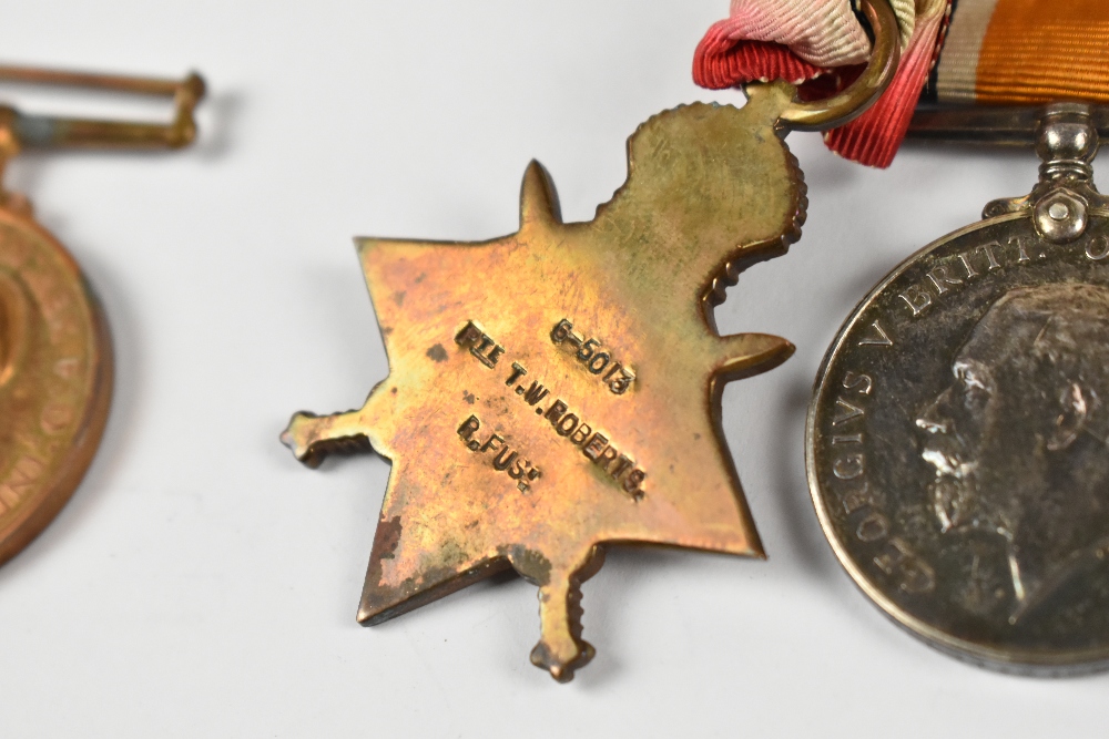 A WWI medal group awarded to GS-5013 Cpl T.W. Roberts R.F.U.S, comprising 1914-15 Star, no.6-5013 - Image 5 of 7