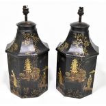 A modern pair of Chinese chinoiserie decorated octagonal table lamps, height including fitments