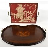 An Edwardian inlaid mahogany kidney shaped tray, length 56cm, and a rectangular tray inset with a