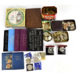 A small collection of assorted coins including a Victorian silver crown, 1890, assorted cased