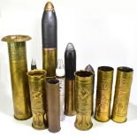 A collection of five inert artillery shells, including a Magueburg 543 shell, dated September '18,