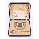 WALKER & HALL; a George V hallmarked silver christening bowl and matching spoon, with applied floral