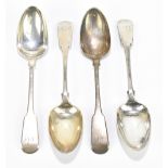 MITCHELL & RUSSELL; a set of four George IV Scottish hallmarked silver Fiddle pattern tablespoons