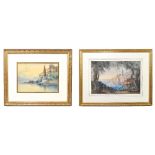 E. BONJ; watercolour, Italian river scene, signed lower right, 18 x 26cm, and a watercolour of an