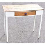 An old pine painted demi-lune side table with single drawer on block legs, width 91cm, depth 49cm,