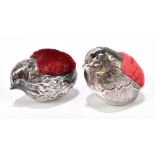 A sterling silver novelty pin cushion in the form of a chick, with import marks, length 2.5cm, and a