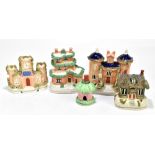 STAFFORDSHIRE; five 19th century cottages and pastille burners, largest example approx 18 x 19cm (