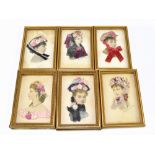 Six late 19th century French black and white engravings with decoupage type adornments to hats and