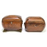 Two Regency inlaid rosewood dome top tea caddies, each with applied brass loop handles and  hinged