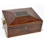 A 19th century inlaid mahogany workbox of rectangular form with a pair of mask head applied loop