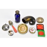 An assortment of collectors' items including a Victorian Bristol Blue perfume bottle with silver