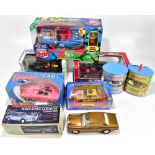 MEGA MOTORS; two boxed Honda boats, four boxed vehicles including WCW Road Rebels Hulk Hogan