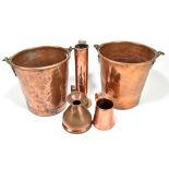 A mixed lot of assorted copper including two milk buckets, height 28cm, with brass swing handles,