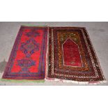 A Caucasian hand woven wool prayer rug, and another wool rug, the largest 190 x 126cm (2).