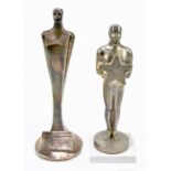 Two chromed metal Art Deco style figures including a Brutalist type example of a male torso on