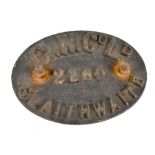A cast iron railway plate, for 'G.W. Co Lt 2260 Slaithwaite', length 22.5cm.