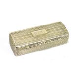 A hallmarked silver rectangular snuff box with linear decoration and applied cartouche with