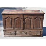 An 18th century and later oak coffer converted to a cabinet, the pair of panelled doors enclosing